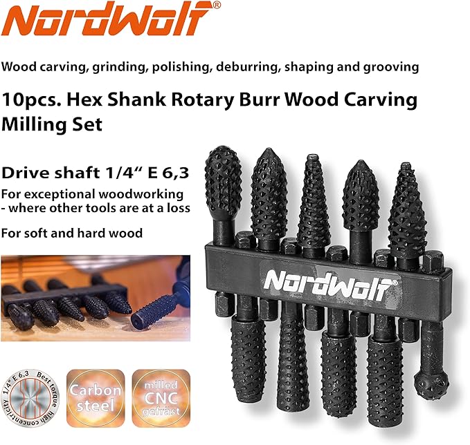 NordWolf 10-Piece Rotary Burr Wood Carving Rasp Files Set, - Image 2