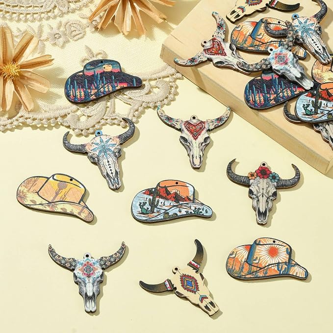 18 pcs 9 Styles Western Cattle Theme Wood Cutout Charms Cow Cap Hat Animal Wood - Image 5