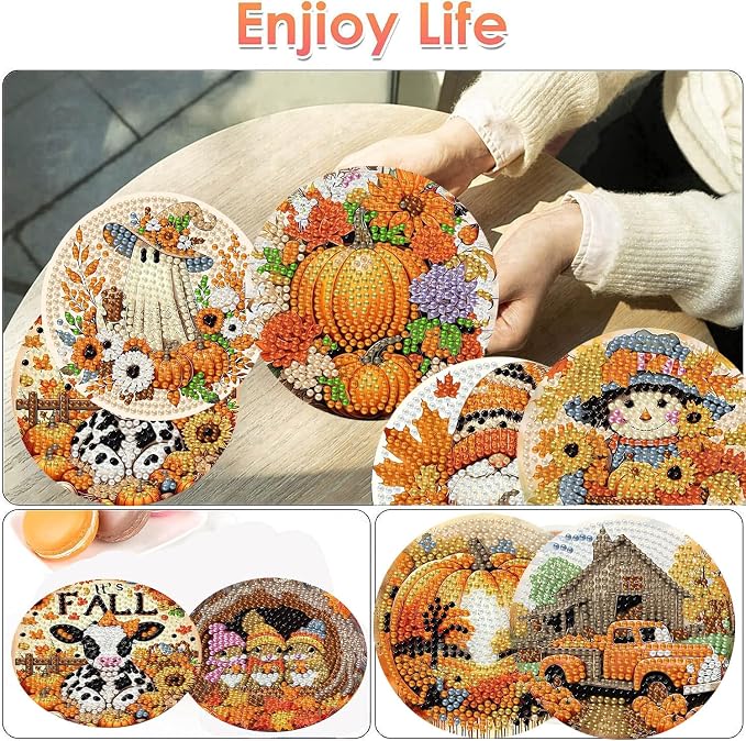 ijbnhd 8 Pcs Diamond Art Coasters Kits Autumn | Diamond Painting Coasters Kit - Image 2