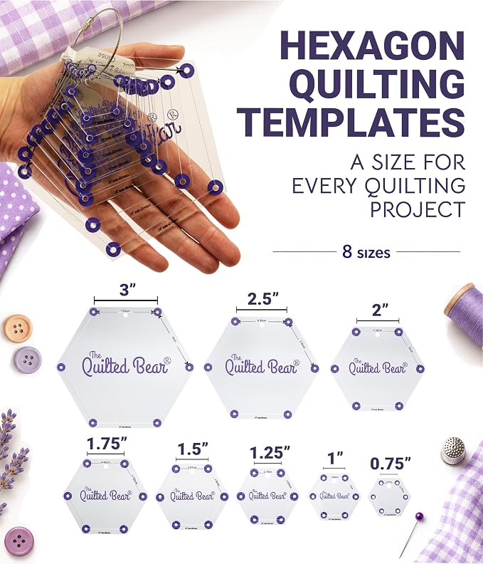 The Quilted Bear Hexagon Quilting Templates – 8 Clear Non-Slip Acrylic Quilt - Image 2