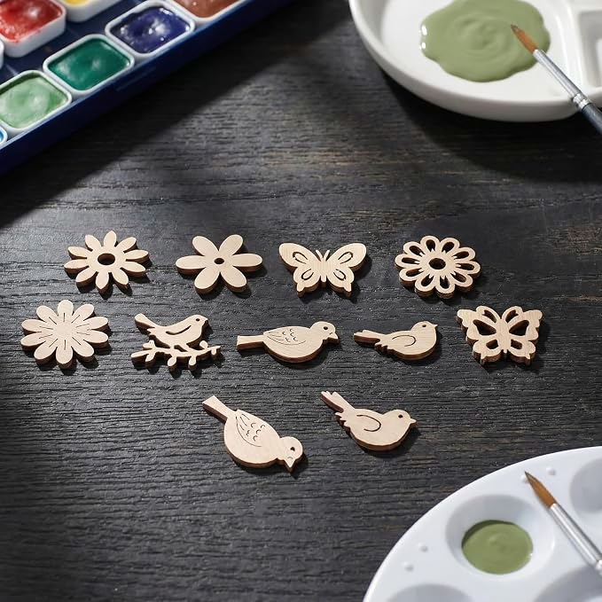 Amosfun 100PCS Wooden Cutouts for Crafts, Unfinished Wood Flowers Bird and - Image 10