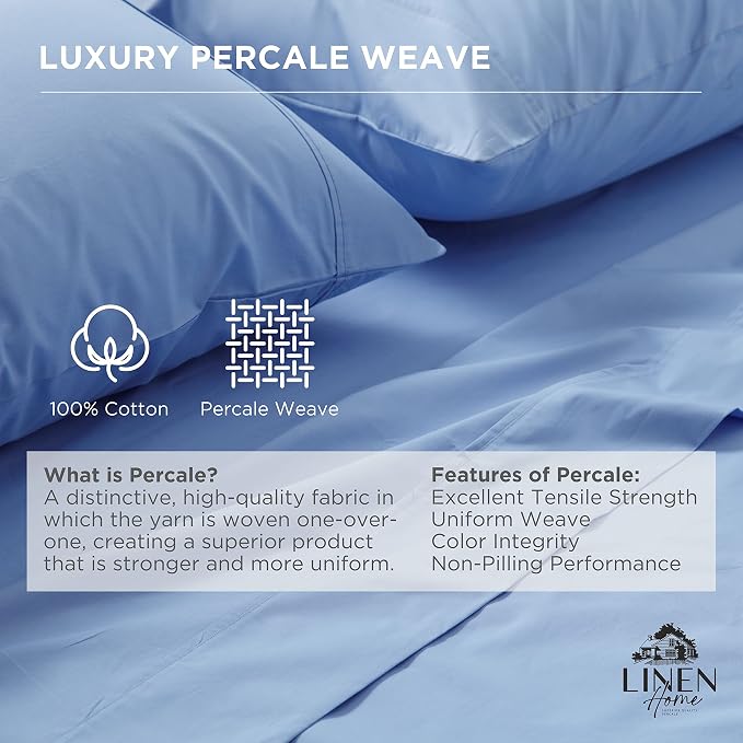 Linen Home 100% Cotton Percale 1 Flat Sheet, Twin Size - Image 2