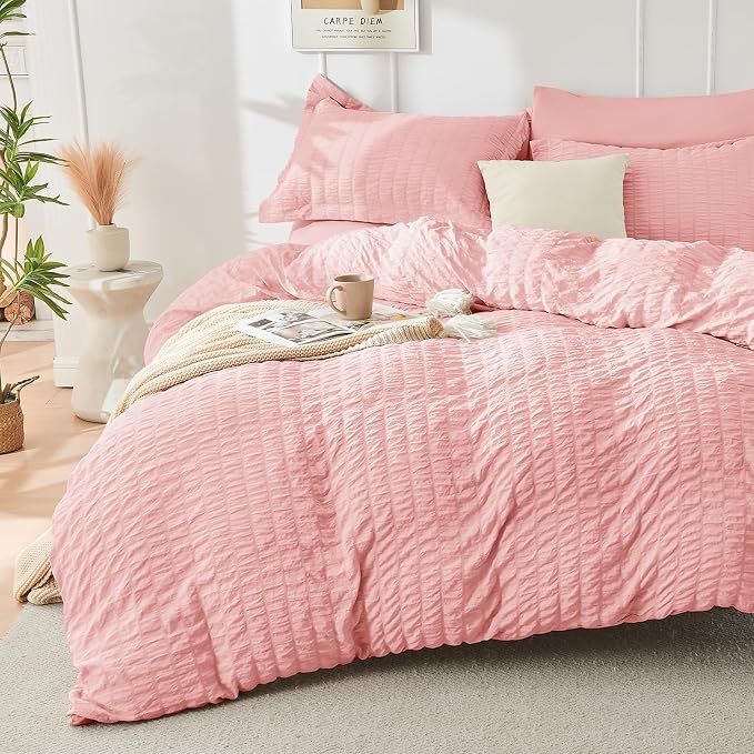 HYMOKEGE Rose Pink Twin Comforter Set Seersucker 5 Pieces, All Season Luxury - Image 2