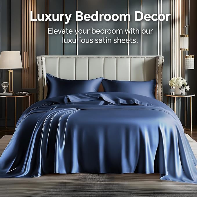 BEDELITE Satin Sheets Full Size Bed Set, Luxury Soft Navy Silky Sheet - Image 2