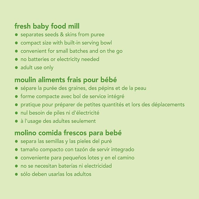 green sprouts Fresh Baby Food Mill - Easily Purees Food for Baby, Separates Seeds & Skins, Compact Size, No Batteries or Electricity Needed, Dishwasher Safe