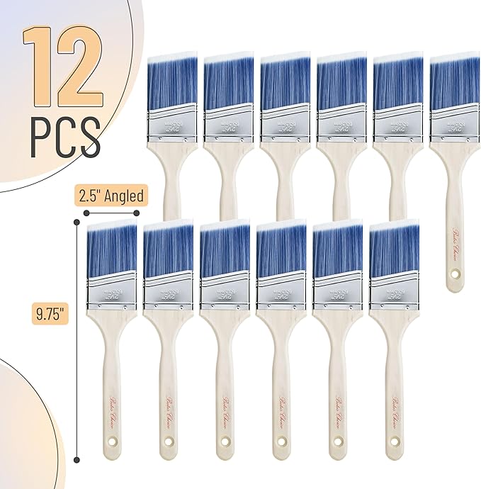 Bates- Paint Brushes, 12 Pack Angle Brushes, Treated Wood Handle | Wall Paint - Image 2