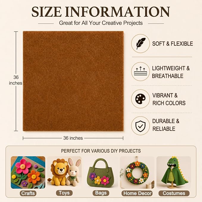 Warm Brown Large Felt Fabric 36" x 36", 1.4 mm Soft Felt Sheet, Nonwoven Fabric - Image 3