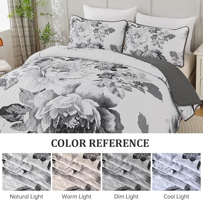 WONGS BEDDING Grey Boho Floral Quilt Set Queen, Elegant Gray Flower Bedspread - Image 7