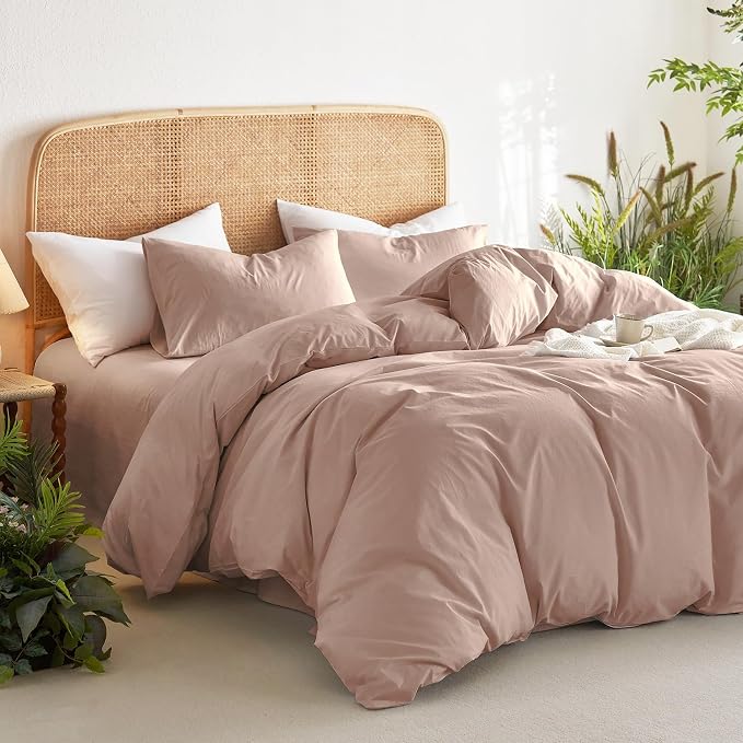 Wake In Cloud - Cotton Duvet Cover Set, Queen Size, Dusty Rose Pink, 100% - Image 3