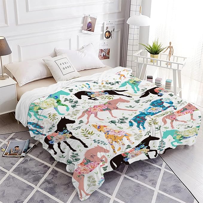 Colorful Floral Horse Blanket for Adults,Flowers Animals Throw Blanket for Girls Boys Lightweight Cute Horse Soft Cozy Flannel Blanket for Kids 90 * 120 Inches