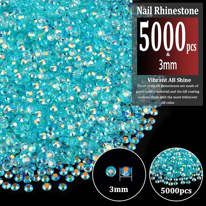 5000pcs 3mm Resin Rhinestones Bulk, Transparent Lake Blue AB Flatback Round - Image 2