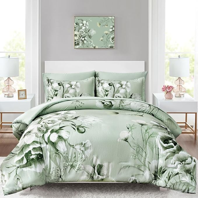 Luxudecor Floral Comforter Set Queen Size 7 Piece, Sage Green Flower Bed in a by Luxudecor