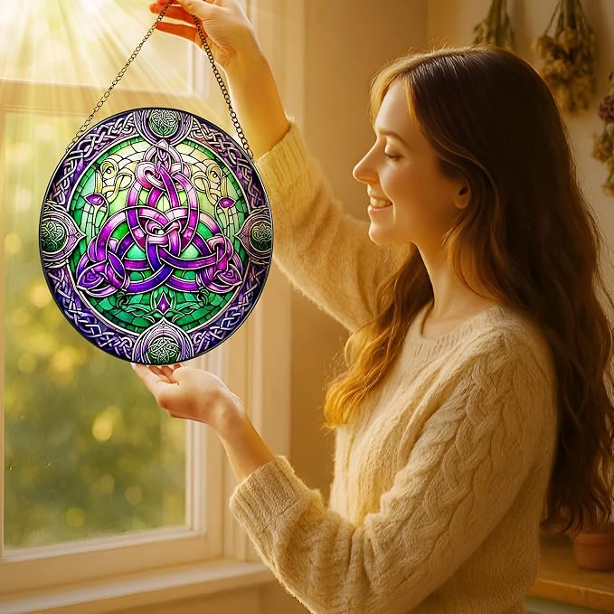 Stained Glass Window Hanging, LAOWEIKI 8'' Celtic Knot Suncatcher, Stained - Image 2