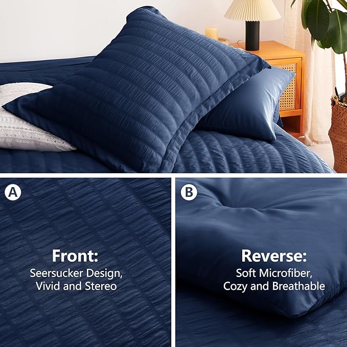 CozyLux King Size Comforter Set Navy Blue Seersucker 7 Pieces Bed in a Bag King - Image 4