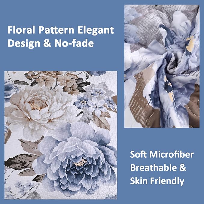 WONGS BEDDING Floral Quilt Set Blue Full Size 3 Pieces Elegant Botanical Print - Image 4