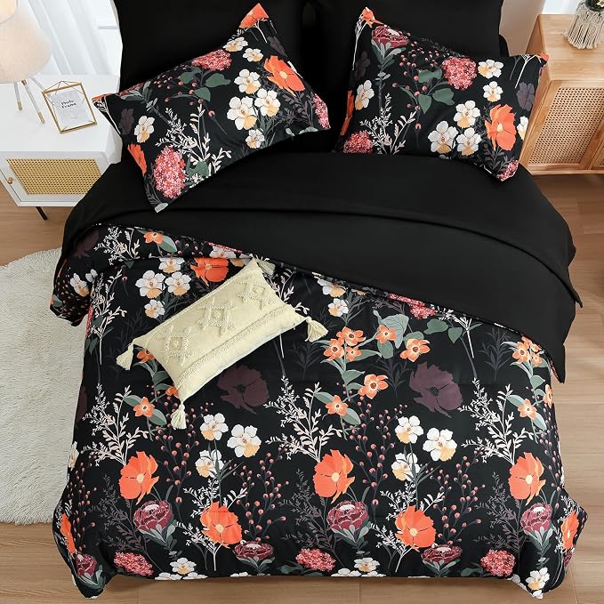 Yiran Black Red Floral Comforter Set King Size, 7 Piece Winter Comforter - Image 3