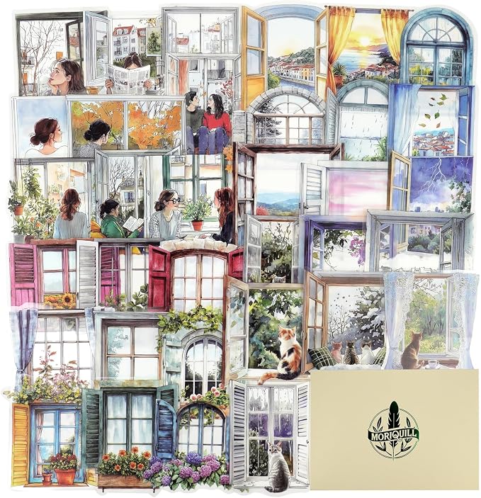 120PCS Watercolor Window PET Stickers – Scenic Views of Cats, Flowers & Cozy by Unknown
