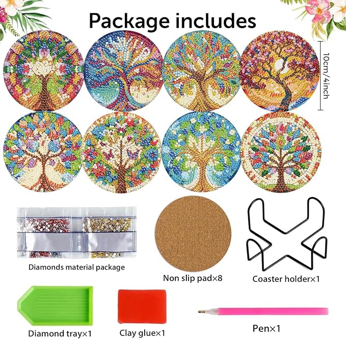 8 Pack Diamond Art Coasters, Tree of Life Diamond Painting Coasters Kits | Tree - Image 2