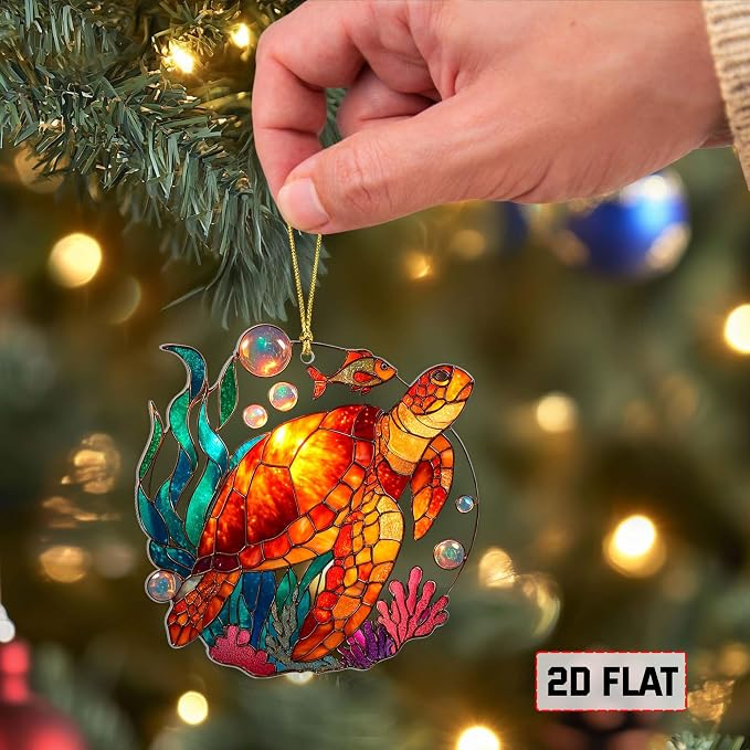 2D Flat Faux Stained Glass Turtle Acrylic Christmas Ornament, Sea Turtle - Image 4