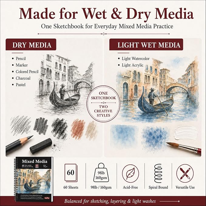 SuFly Mixed Media Sketchbook 9x12, Mixed Media Paper_98lb/160gsm, 60 Sheets | - Image 6