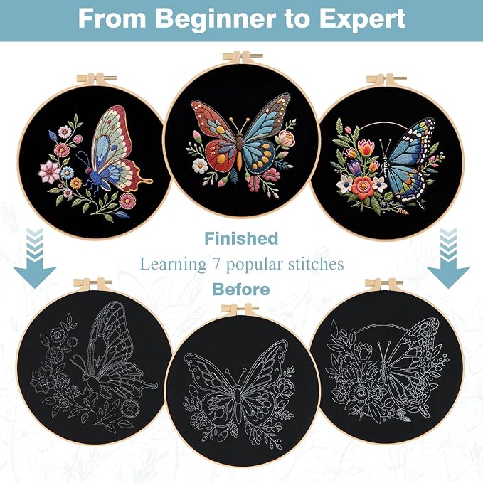 RidaaFri Embroidery Kit for Beginners, 3 Pk Stamped Butterfly DIY Craft Supplies - Image 2