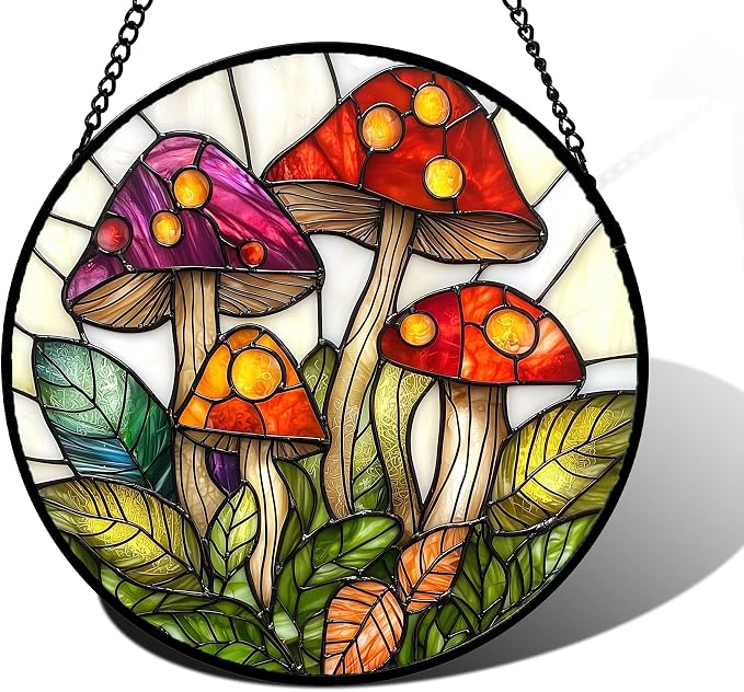 DASTOLL Stained Glass Window Hanging, Mushroom Leaves Suncatcher by DASTOLL