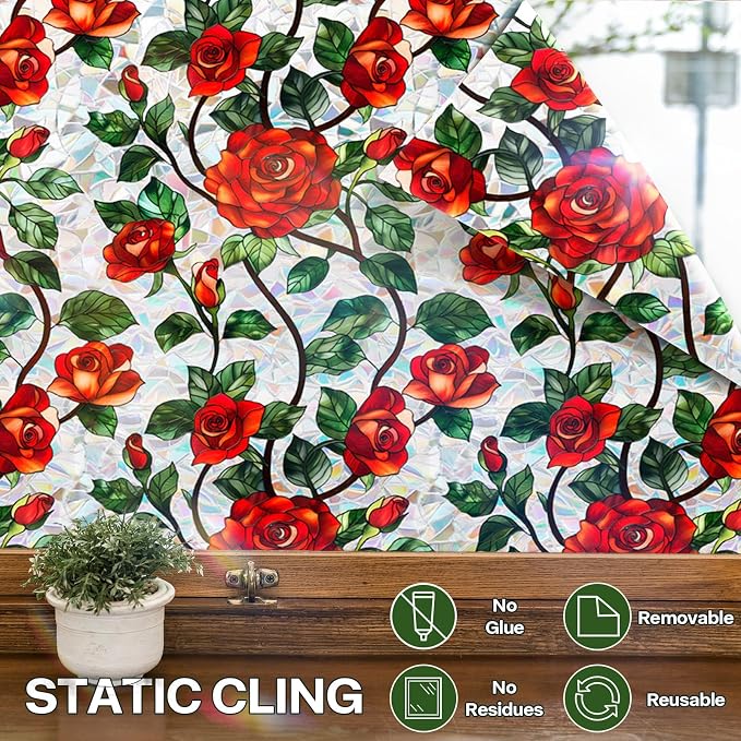 Stained Glass Window Film, Rose Floral Privacy UV Resistant, Removable Static - Image 6