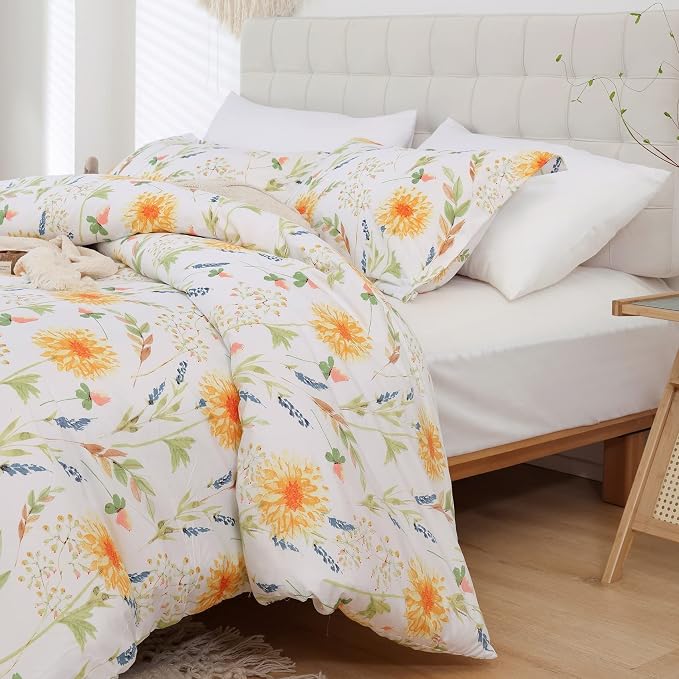 JSD Yellow Floral Duvet Cover Set Queen Size, 3 Piece Spring Printed Microfiber - Image 7