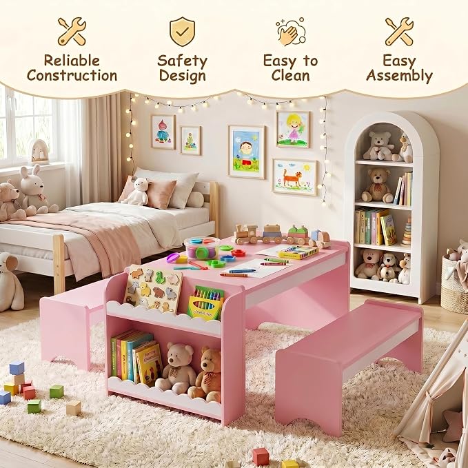 Kids Table and Bench Set, Montessori Kids Table and Chair Set, Indoor Wooden - Image 6