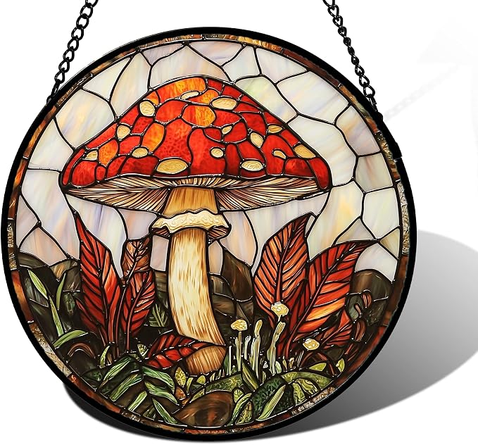 DASTOLL Stained Glass Window Hanging, Big Red Mushroom Suncatcher by DASTOLL