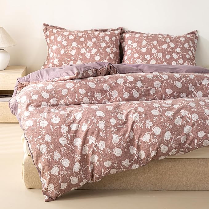 OAITE Purple Flower Queen Size Duvet Cover-3 Pieces Prewashed Cotton-Like - Image 3