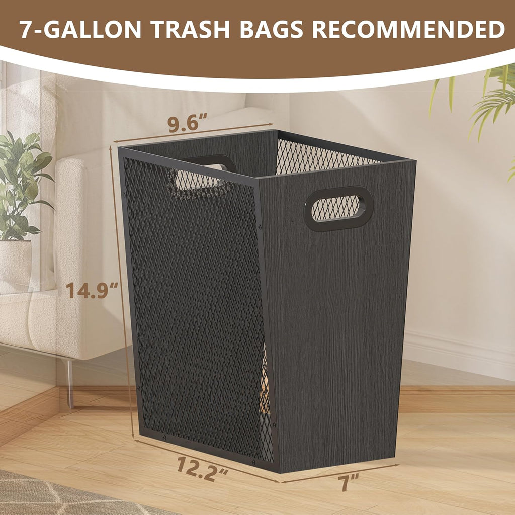 Piskyet Black Office Trash Can for Near Desk,7 Gallon Unique Wood Bedroom Garbage Can,Vintage Wastebasket with Handle, Decorative Trash Can for Home Office,12.2" L x 9.6" W x 14.9" H