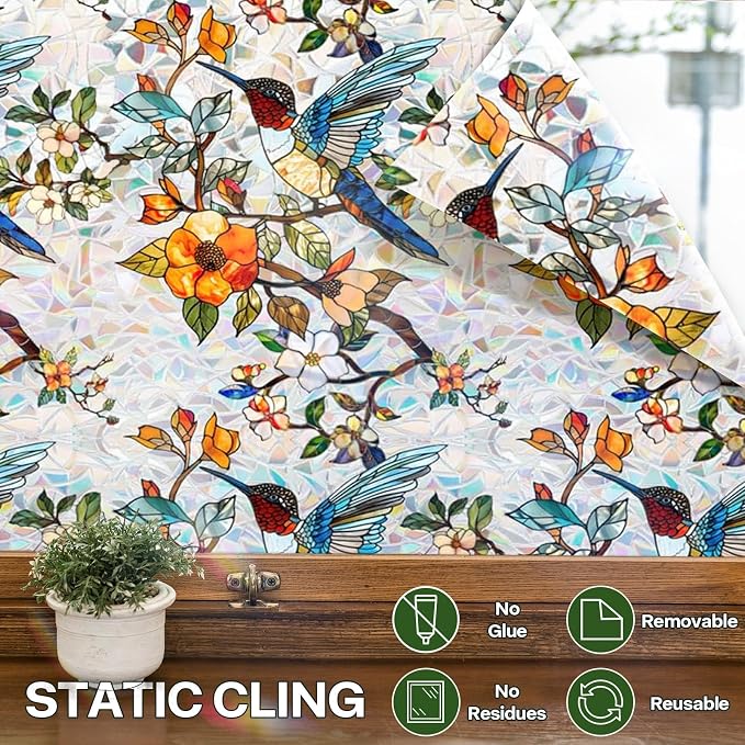 Stained Glass Window Film UV Resistant Window Privacy Film Hummingbird Floral - Image 6