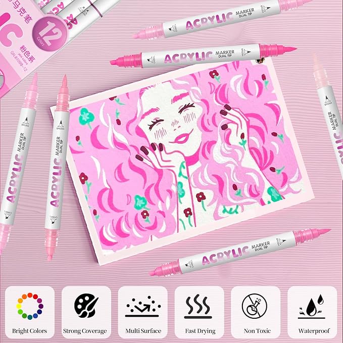 Pink Acrylic Paint Pens, Water Based 12 Colors Dual Tip Acrylic Paint Markers - Image 4