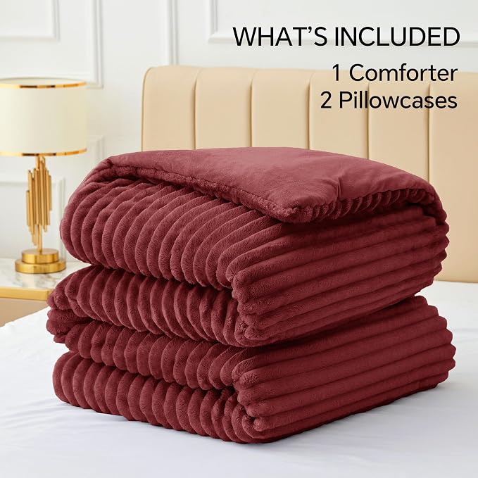 BEDELITE Fleece Full Comforter Set -Super Soft & Warm Fluffy Burgundy Bedding - Image 9