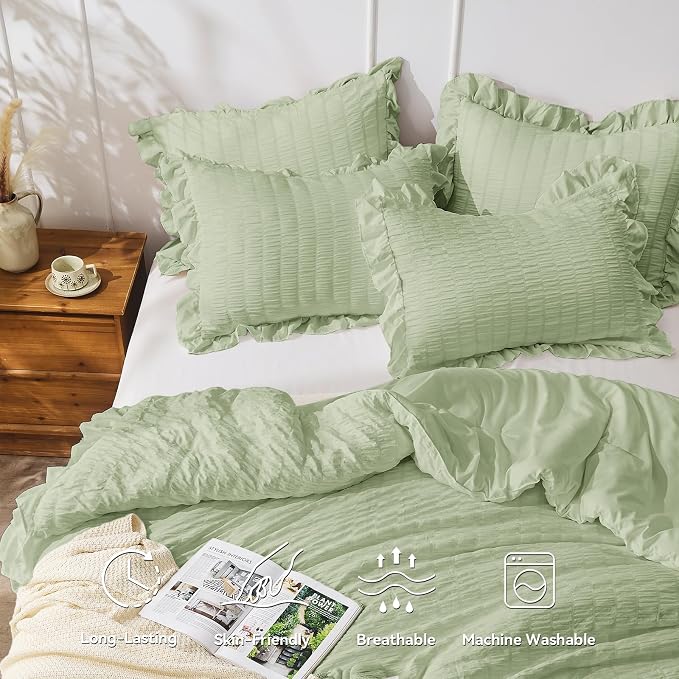 JOLLYVOGUE Sage Green Comforter Full Size, 3 Pieces Seersucker Lightweight Full - Image 2
