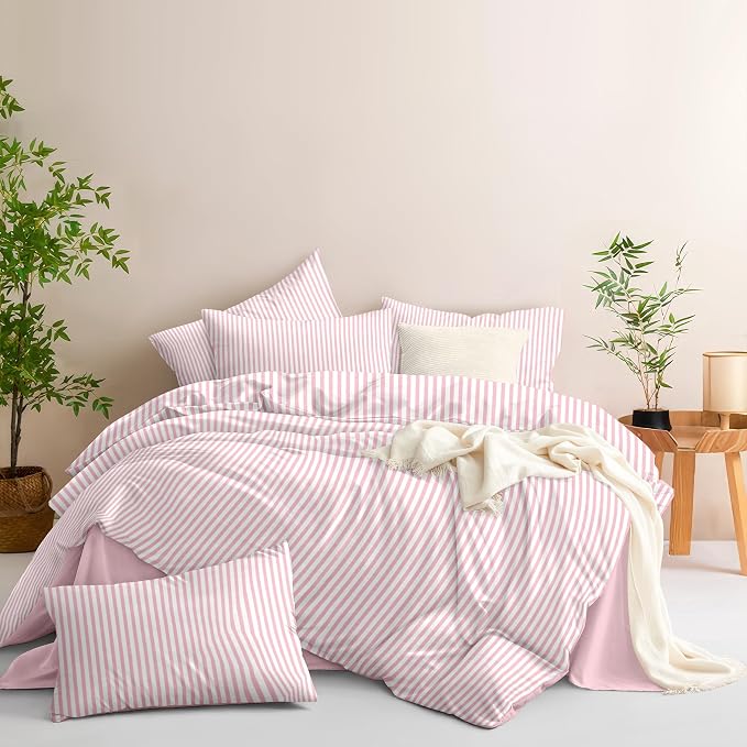 Nayoroom Pink Striped Duvet Cover Full Size White Stripe Duvet Cover Dorm - Image 4