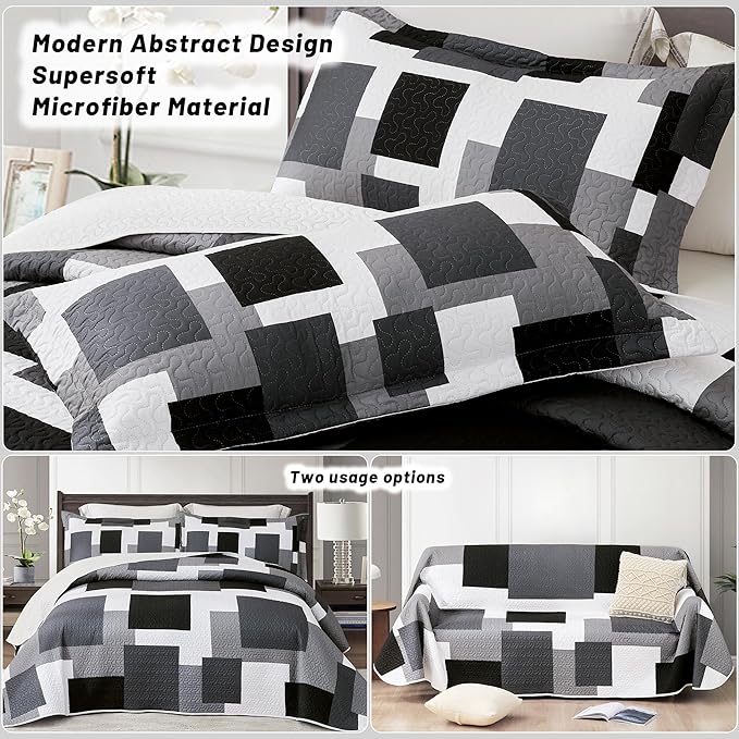 Tyrot 3 Piece Black Grey Quilt Set Full/Queen Size Black White Geometric - Image 3