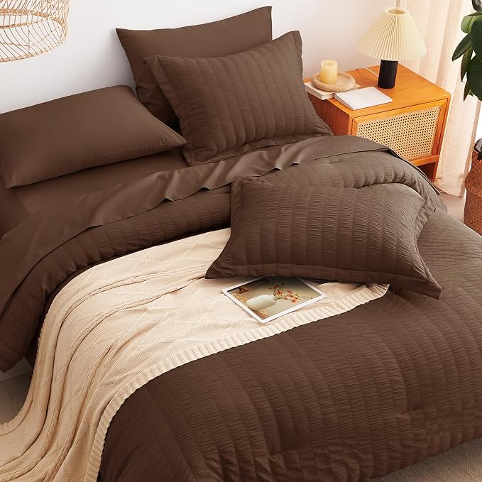 CozyLux King Size Comforter Set Brown Seersucker 7 Pieces Bed in a Bag King - Image 6