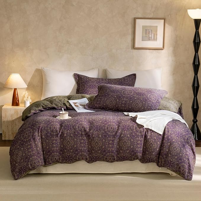 mixinni Purple Green Floral Duvet Cover Queen Size, Elegant Double-Layer Yarn by mixinni
