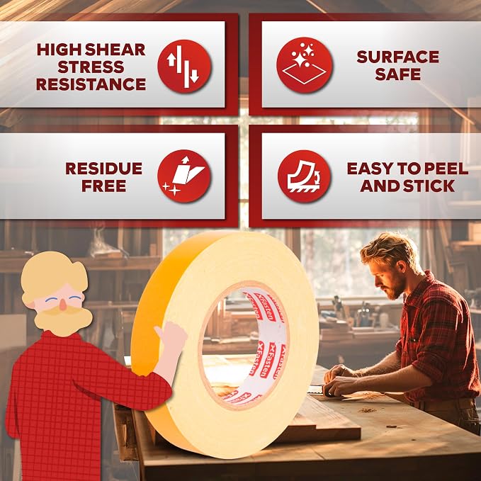 XFasten Double Sided Woodworking Tape 1 Inch x 108 Feet, Residue-Free, - Image 3