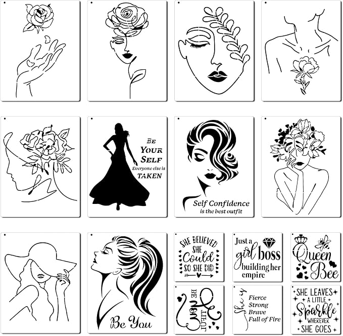 Zonon 16 Pieces Women Theme Stencils Canvas Painting Stencils Floral Female by Zonon