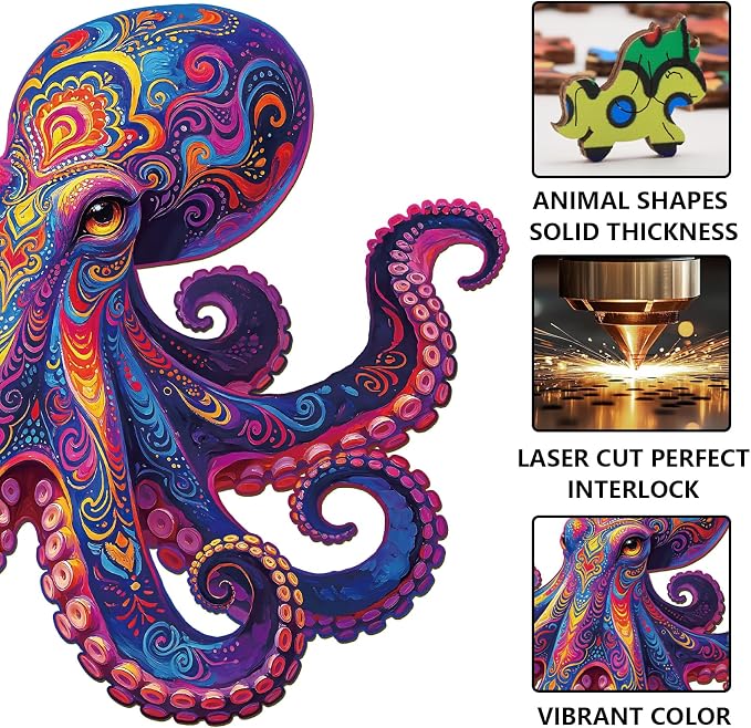 200pcs Wooden Puzzles for Adults Unique Animal Shaped Pieces Colorful Octopus - Image 3