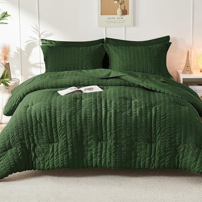 HYMOKEGE Dark Green Full Size Comforter Sets Seersucker 7 Pieces, All Season - Image 8