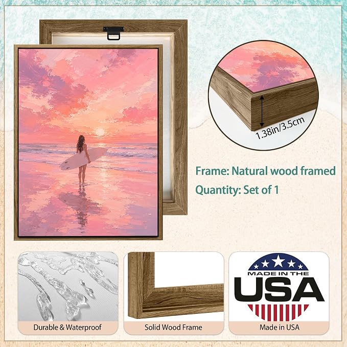 Framed Pink Sunset Surfer Girl Canvas Wall Art Soft Pastel Beach Seascape - Image 4