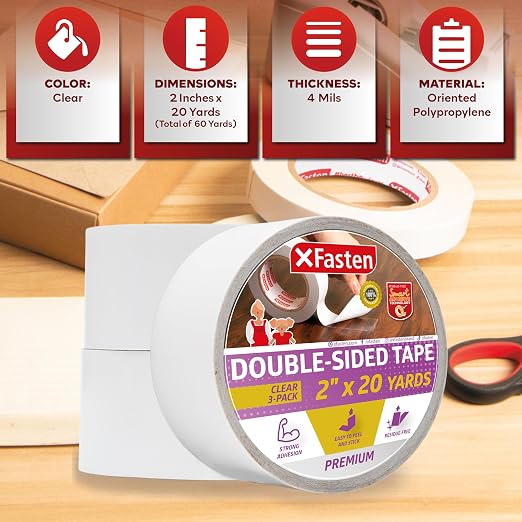 XFasten Removable Double Sided Tape Clear 2 inch x 20 Yards Transparent - Image 3