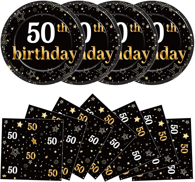Qyeahkj 48Pcs 50th Birthday Paper Plates and Napkins Black and Gold Happy by Qyeahkj