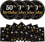 Qyeahkj 48Pcs 50th Birthday Paper Plates and Napkins Black and Gold Happy by Qyeahkj