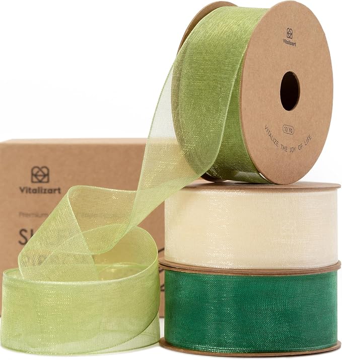 Vitalizart Green & Cream Ribbon Organza Sheer Ribbon 1 inch x 30 Yd Handmade by Vitalizart
