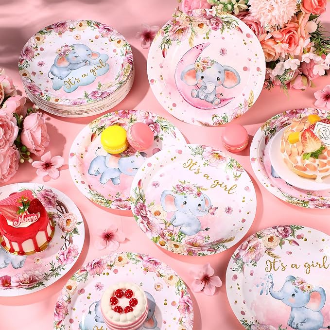 Funnymoom 7 Inch Pink Elephant Baby Shower Paper Plates 60 Pcs It's a Girl - Image 6